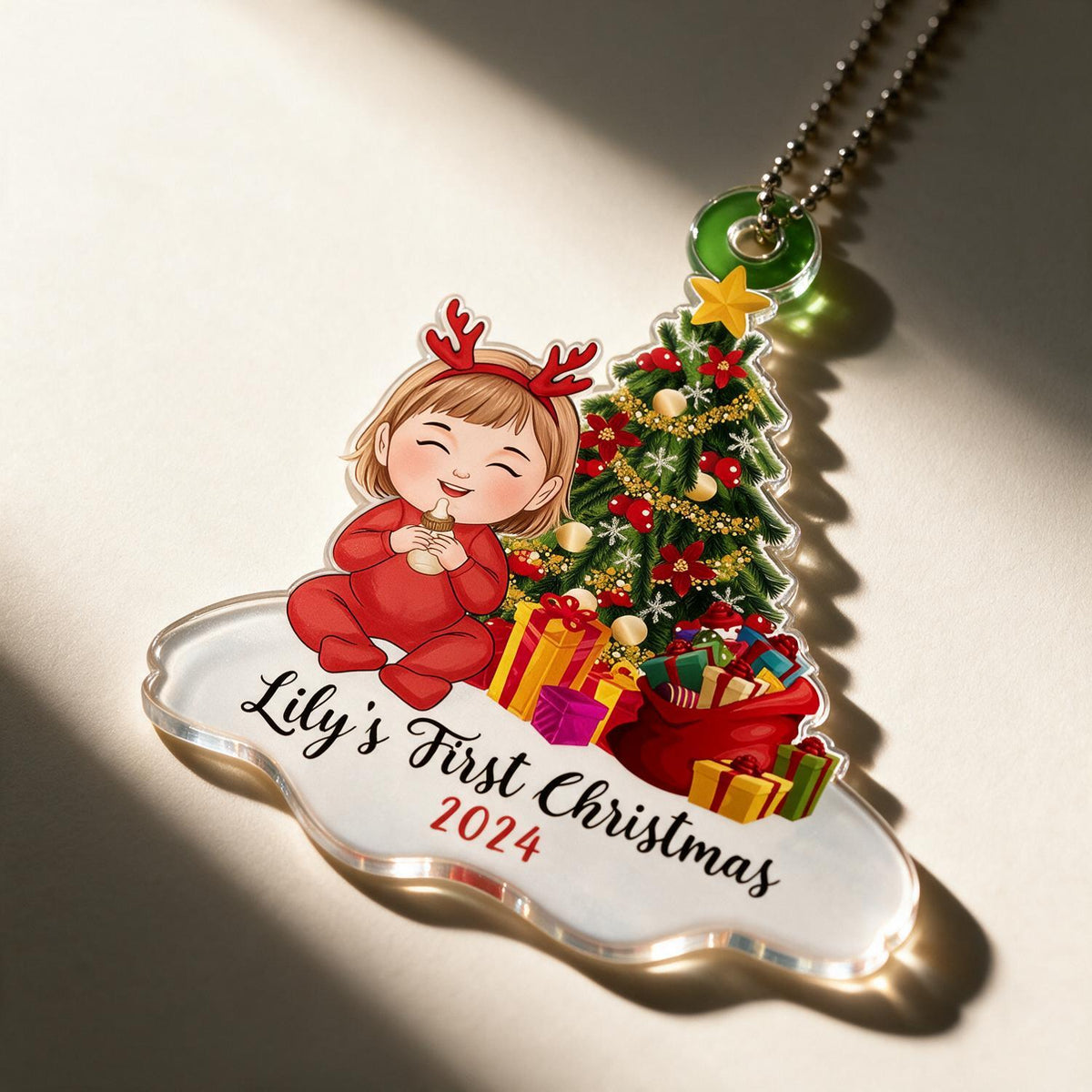 Baby Girl First Christmas Personalized Acrylic Ornament - Reindeer Headband, Christmas Tree, Custom Name Year New Baby Gift