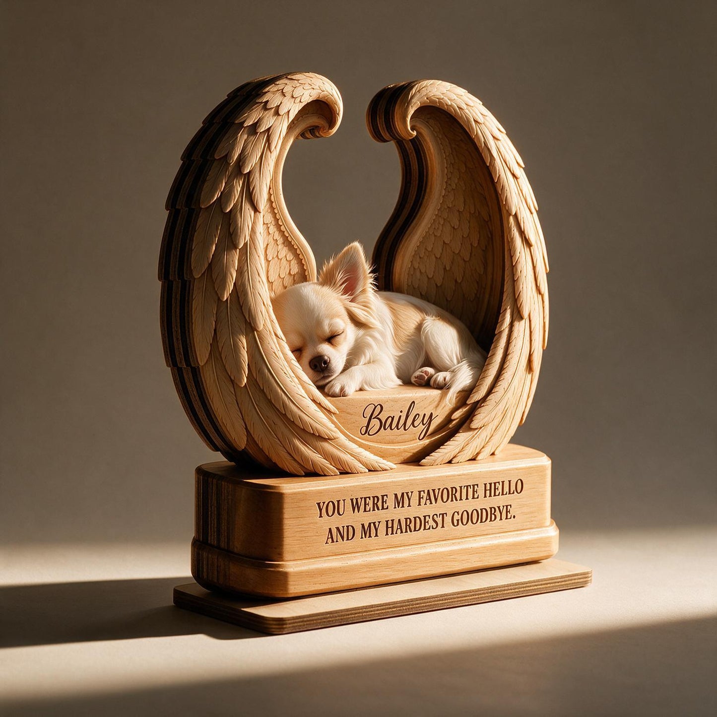 Personalized Sleeping Chihuahua in Angel Wings 2-Layer Wooden Pet Memorial Plaque - Dog Loss Sympathy Gift Keepsake