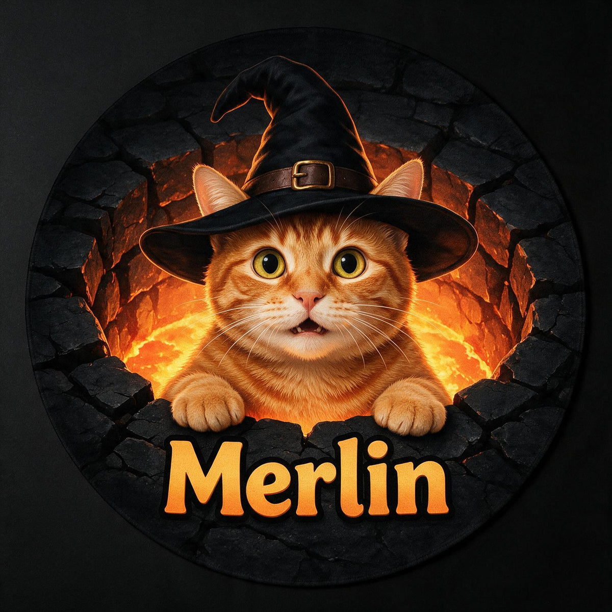 Personalisierte Halloween Orange Tabby Katze Hexenhut Runde Fußmatte | Geschenk für Katzenmütter