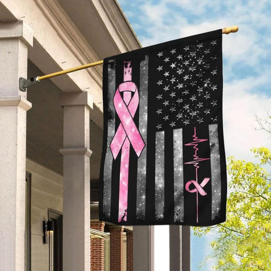 Pink Ribbon Line & Heartbeat American Flag - Hausflagge zur Sensibilisierung für Brustkrebs 0822