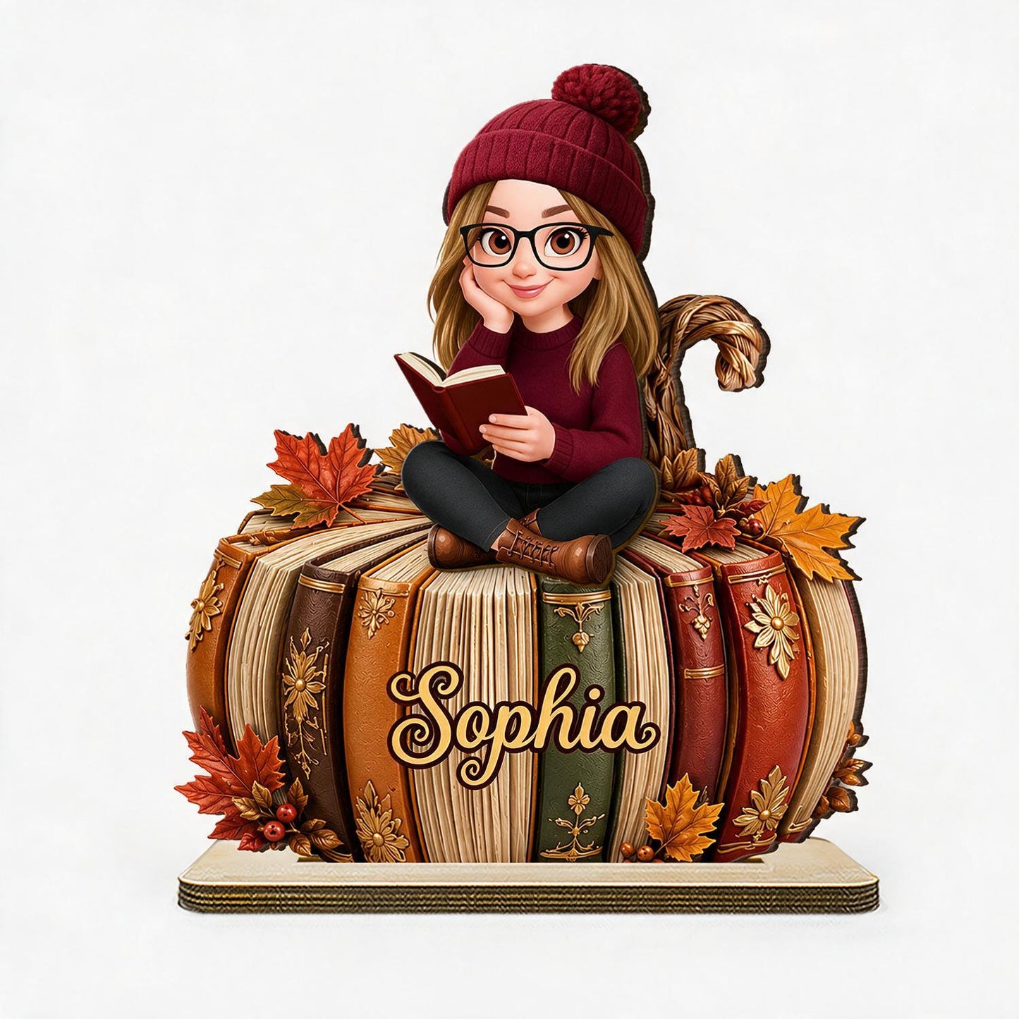 Personalized Fall Girl Reading Pumpkin Books 2-Layer Wooden Plaque - Book Lover Daughter Autumn Gift Home Decor