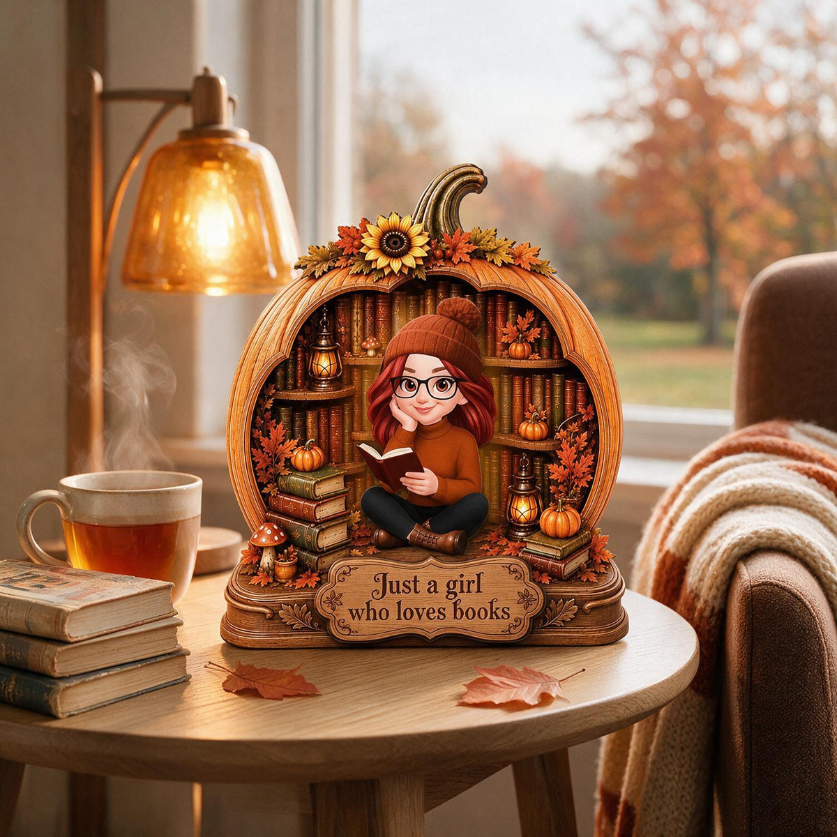 Just a Girl Who Loves Books Fall Pumpkin Personalized 2-Layer Wooden Plaque - Autumn Book Lover Gift for Readers