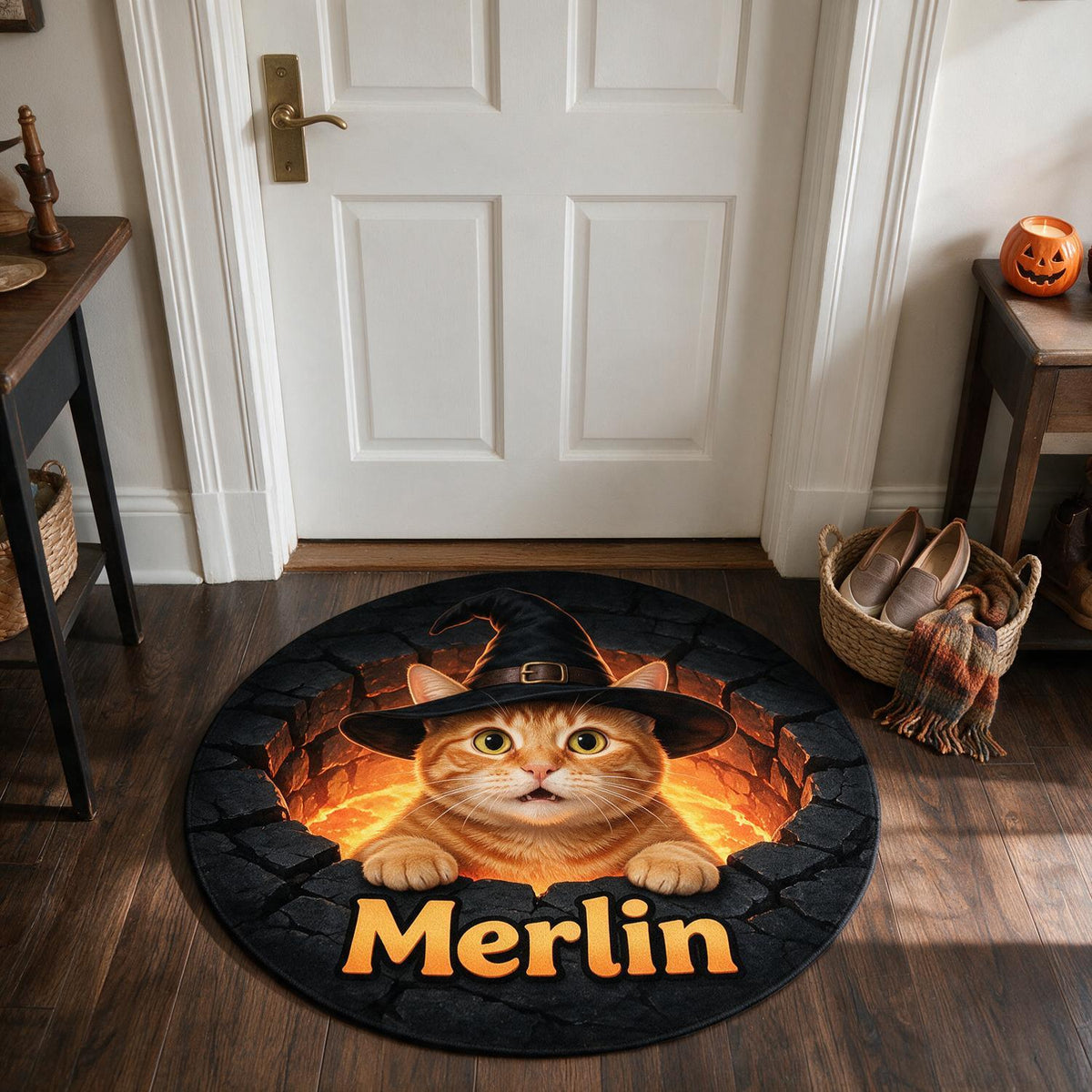Personalisierte Halloween Orange Tabby Katze Hexenhut Runde Fußmatte | Geschenk für Katzenmütter