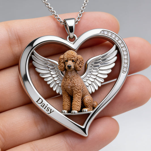 Standard Poodle Angel Wings Heart Necklace, Personalized Pet Loss Memorial Jewelry Gift for Dog Lovers
