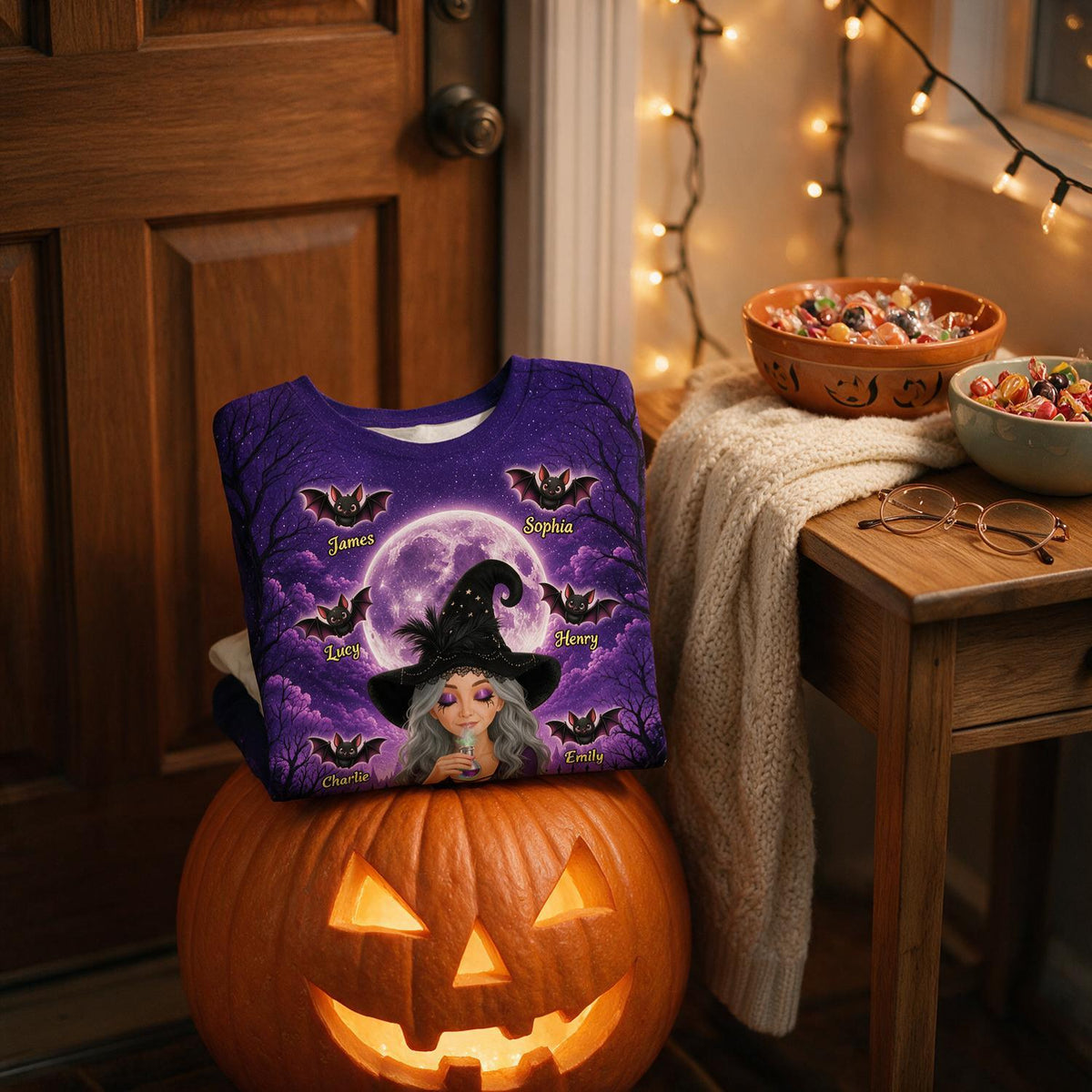Personalized Grandma Witch Halloween Shirt with Custom Grandkids Names on Bats - Spooky Family Gift for Grandma