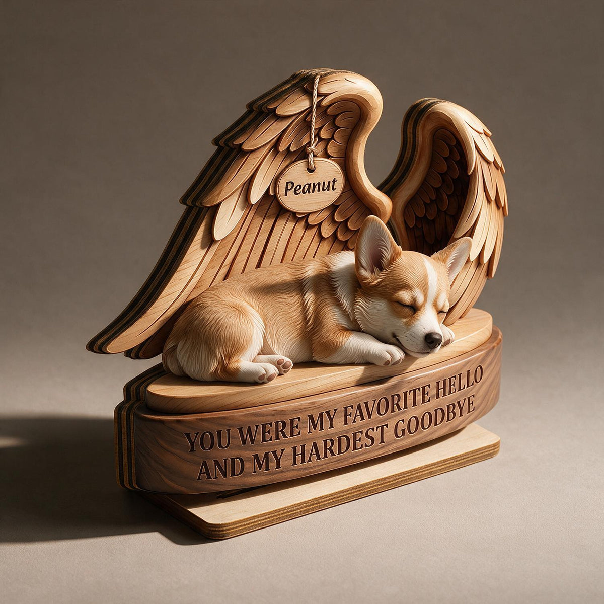 Personalized Corgi Angel Wings Pet Memorial 2-Layer Wooden Plaque - Favorite Hello Hardest Goodbye Sympathy Gift for Dog Loss