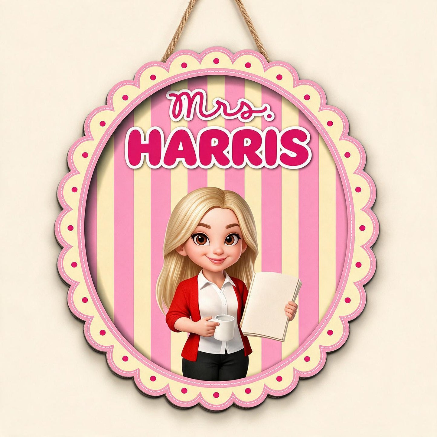 Personalized Coquette Pink Striped Teacher Wood Door Sign - Custom Name Classroom Decor Back To School Gift for Teachers