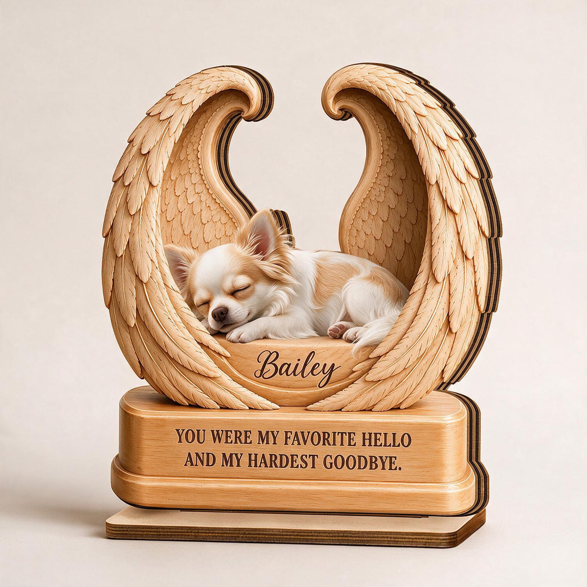 Personalized Sleeping Chihuahua in Angel Wings 2-Layer Wooden Pet Memorial Plaque - Dog Loss Sympathy Gift Keepsake