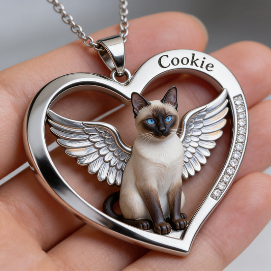 Siamese Cat Angel Wings Heart Necklace, Personalized Pet Loss Memorial Jewelry Gift for Cat Lovers
