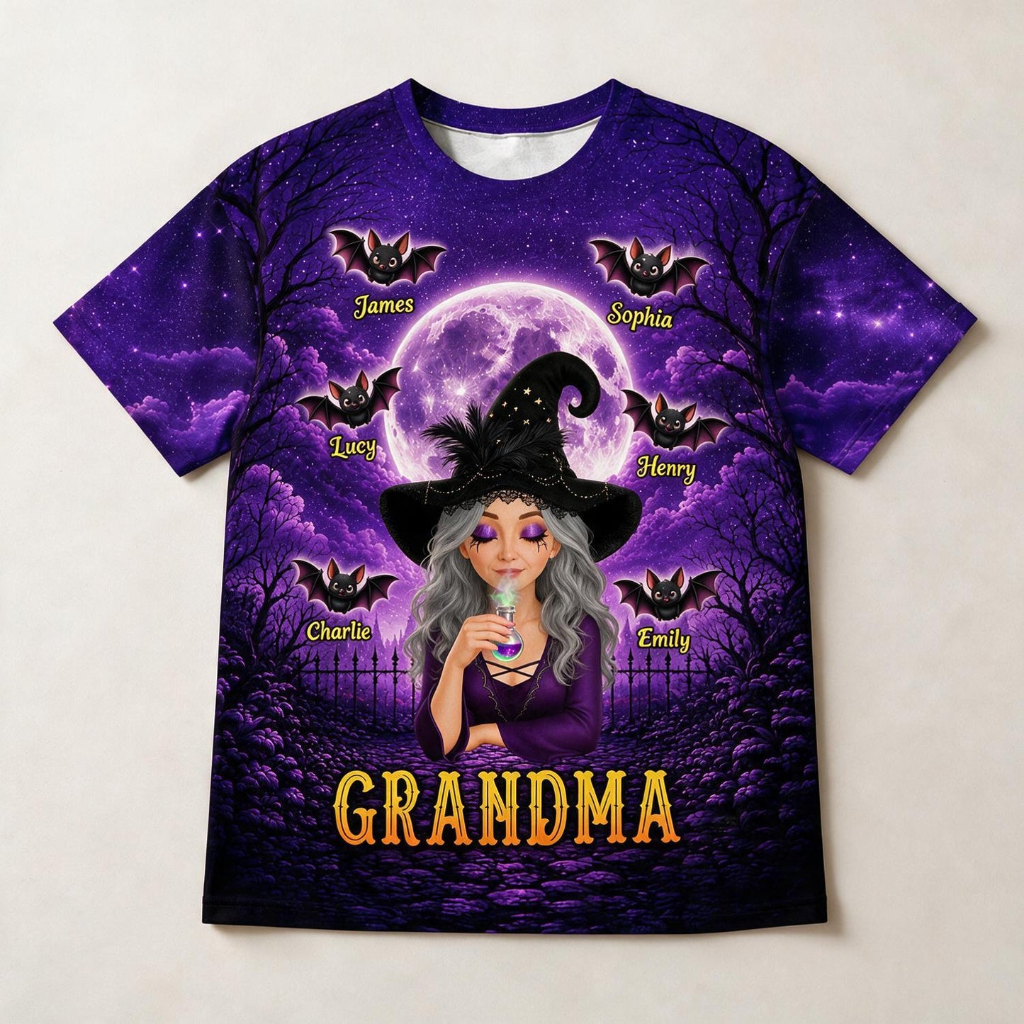 Personalized Grandma Witch Halloween Shirt with Custom Grandkids Names on Bats - Spooky Family Gift for Grandma