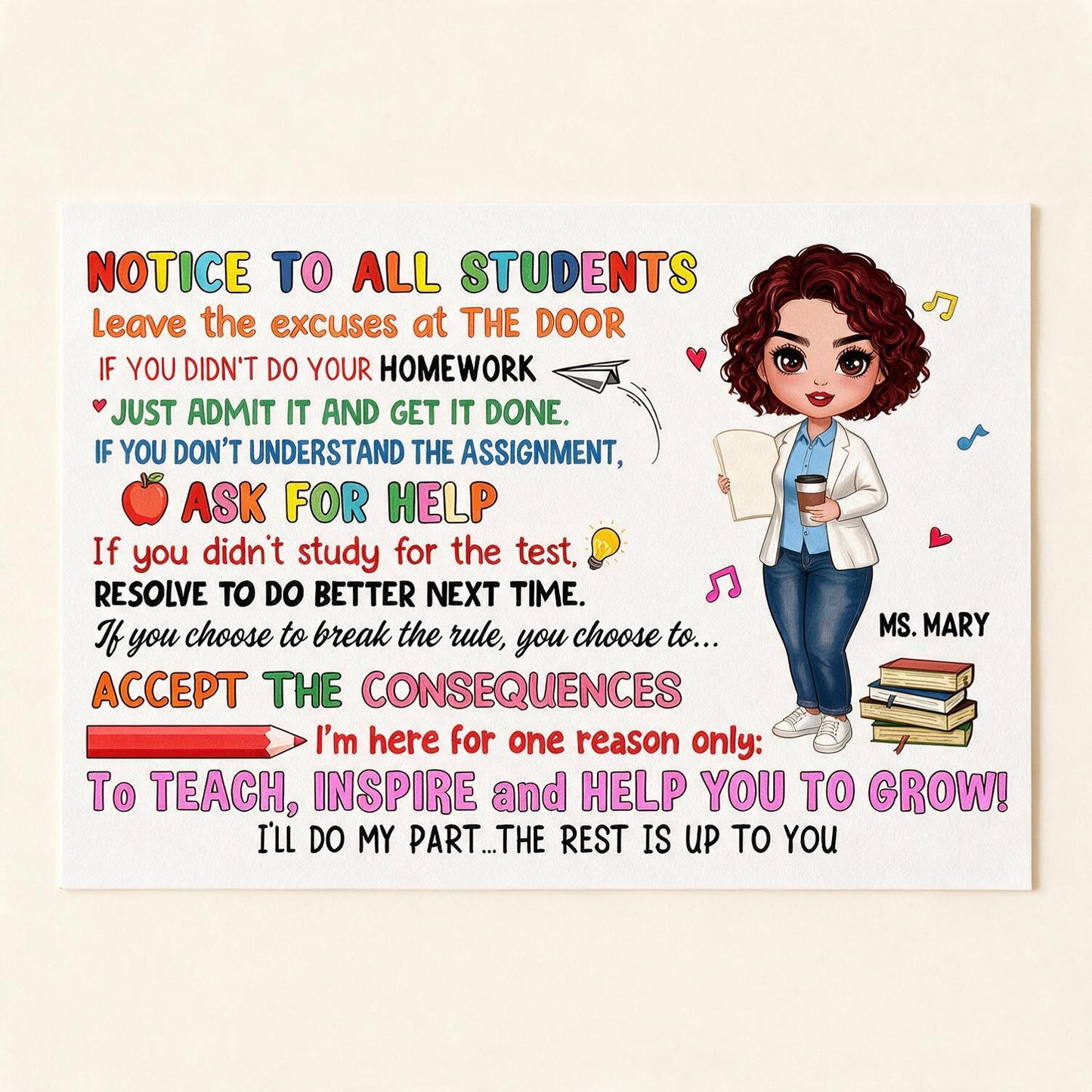 Doll Teacher Notice To Students Personalized Horizontal Poster
