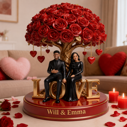 Custom Black Couple Figurine Under Red Rose Tree, Engraved Name Statue, Romantic Anniversary & Wedding Gift Home Decor Keepsake