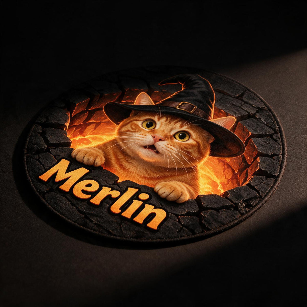 Personalisierte Halloween Orange Tabby Katze Hexenhut Runde Fußmatte | Geschenk für Katzenmütter
