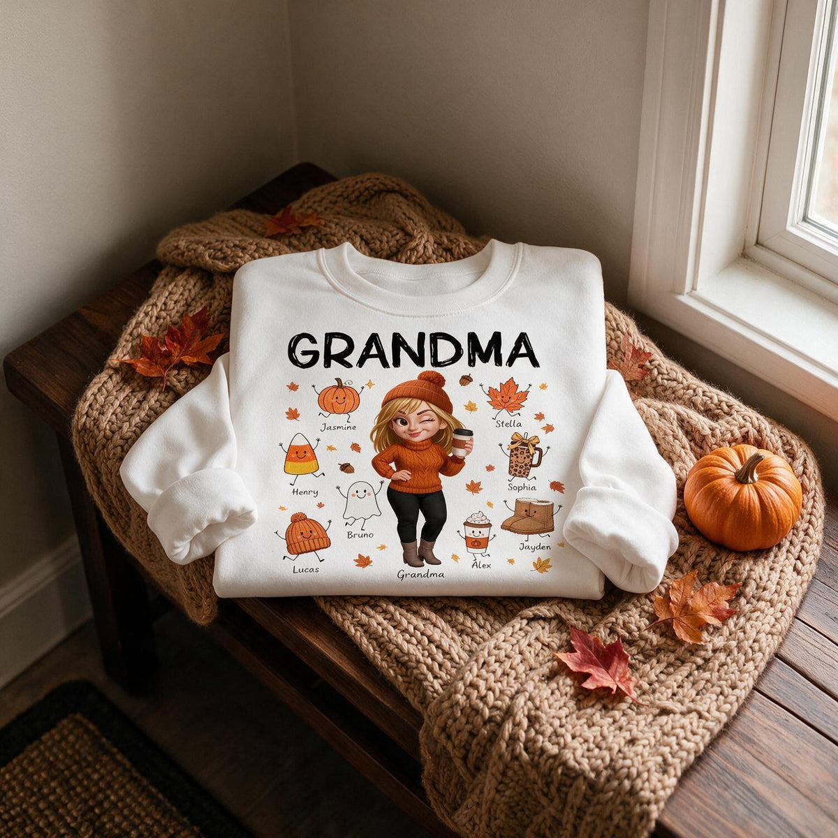 Personalized Grandma Fall Sweatshirt, Custom Grandkids Names Cute Fall Doodle Characters, Thanksgiving Gift for Grandma