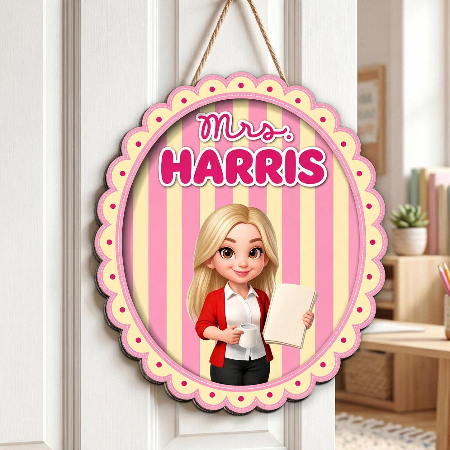 Personalized Coquette Pink Striped Teacher Wood Door Sign - Custom Name Classroom Decor Back To School Gift for Teachers