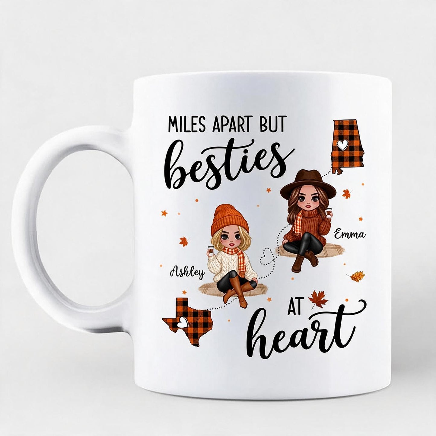 Personalized Fall Plaid Long Distance Besties Mug, Miles Apart Best Friends Gift with Custom States