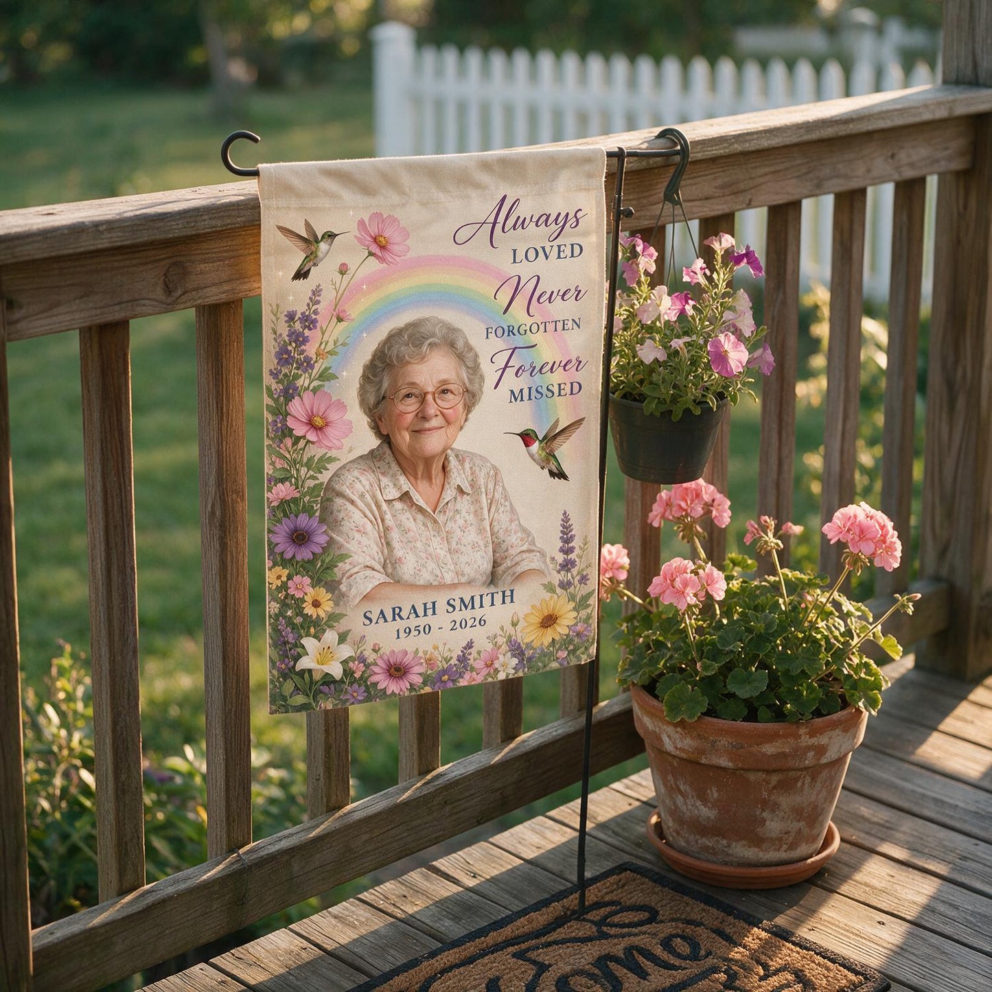 Personalized Hummingbird Rainbow Memorial Garden Flag - Custom Photo Sympathy Gift Remembrance Keepsake