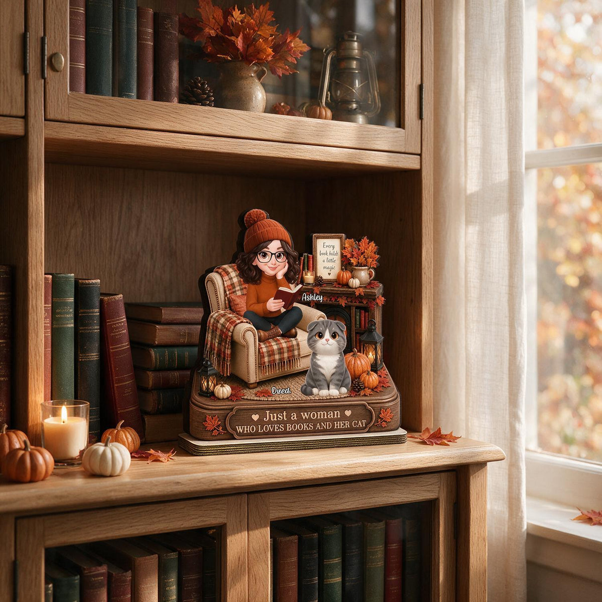 Herbst Just a Woman Who Loves Books and Her Cat Personalisierte 2-Layer Holzplakette - Geschenk für Katzenliebhaber