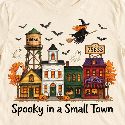 Personalisierte Foto Halloween Spooky Kleinstadt Shirt, Stadtname & PLZ
