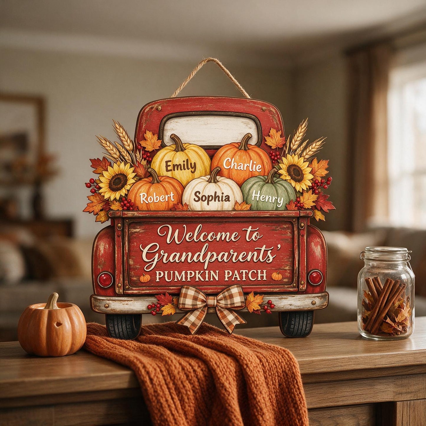 Personalized Grandparents' Pumpkin Patch Red Truck Wood Sign - Custom Named Pumpkins Fall Home Decor Gift for Grandma & Grandpa
