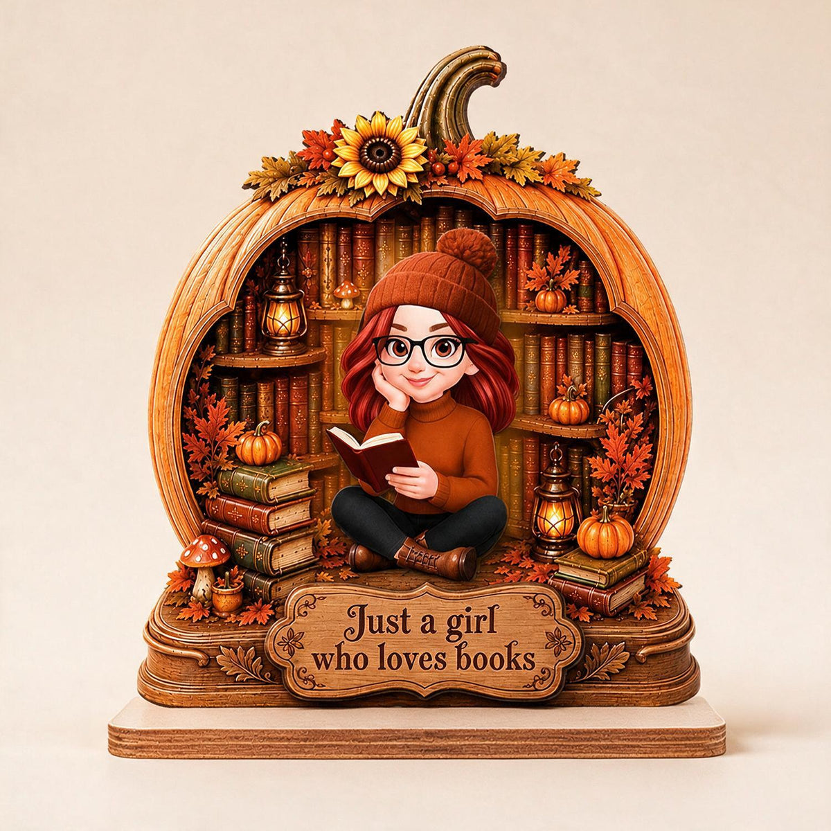 Just a Girl Who Loves Books Fall Pumpkin Personalized 2-Layer Wooden Plaque - Autumn Book Lover Gift for Readers