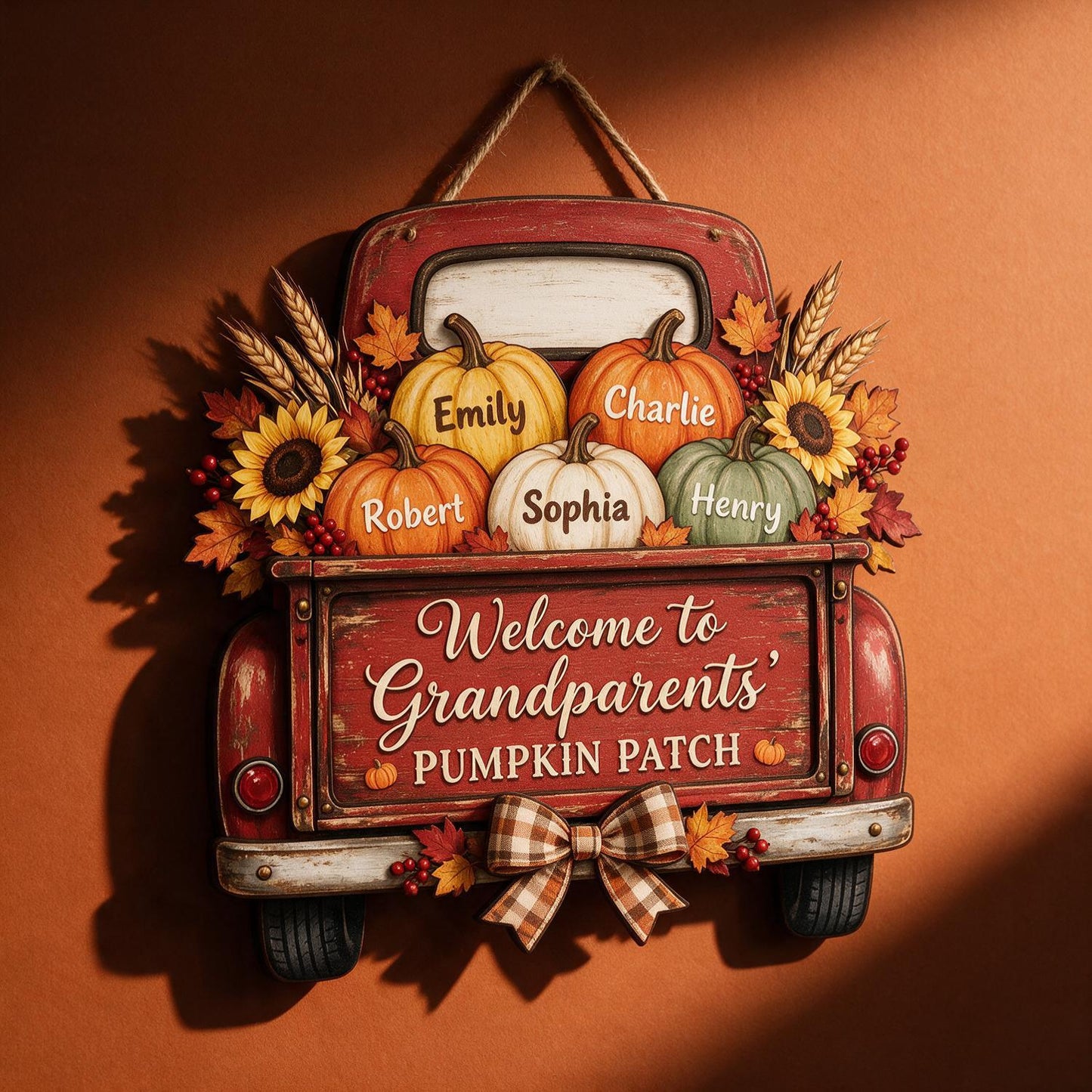 Personalized Grandparents' Pumpkin Patch Red Truck Wood Sign - Custom Named Pumpkins Fall Home Decor Gift for Grandma & Grandpa