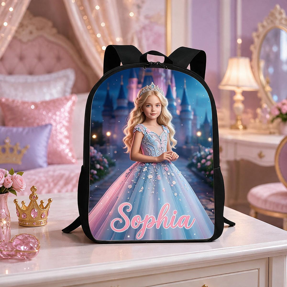 Personalized Princess Backpack - Blonde Princess Blue Pink Gown Castle - Custom Name Back to School Gift for Girls