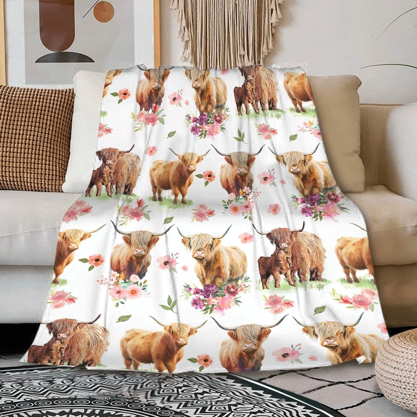 Couverture Highland Cow à motif floral 0624