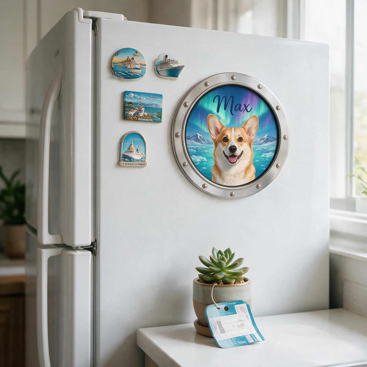 Personalisierter lächelnder Corgi, der durch das Bullauge schaut - Reisemagnet für Tierliebhaber
