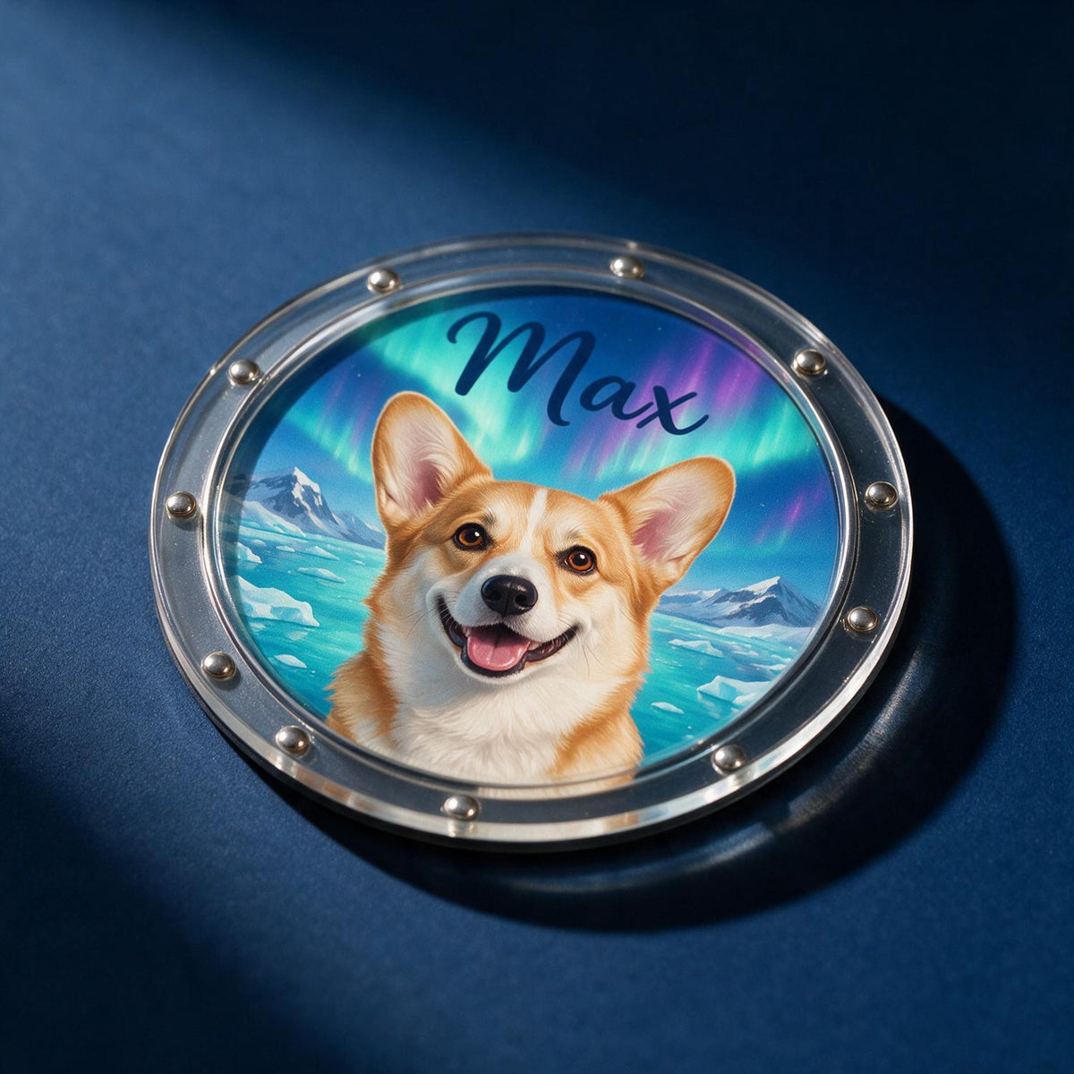 Personalisierter lächelnder Corgi, der durch das Bullauge schaut - Reisemagnet für Tierliebhaber