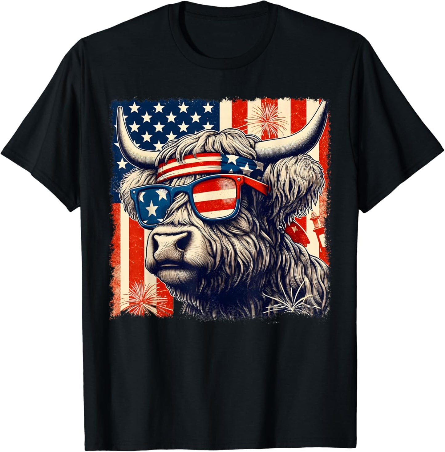 Sonnenbrille mit Hochlandrind-Motiv, amerikanische Flagge, T-Shirt und Hoodie zum 4. Juli mit Hochlandrind-Motiv 0624