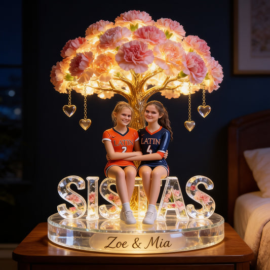 Personalisierte Acryl LED Nachtlicht für Schwestern – Geschenk für Schlafzimmer mit rosa Nelkenbaum