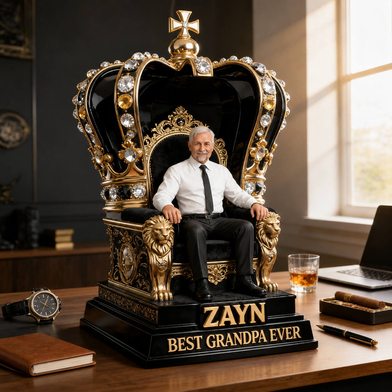 Personalisierte Königsthron Fotofigur Statue | Bester Opa Krone Skulptur | Einzigartiges Geschenk zum Vatertag für Schreibtisch Dekor