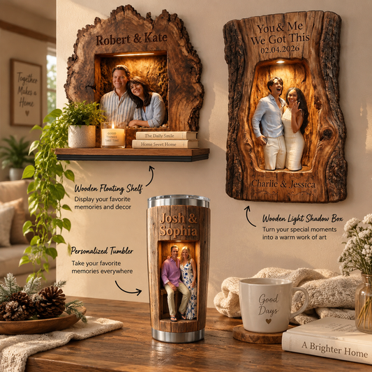 Couple Gift Set - Personalized Tumbler & Wooden Shelf & Shadow Box