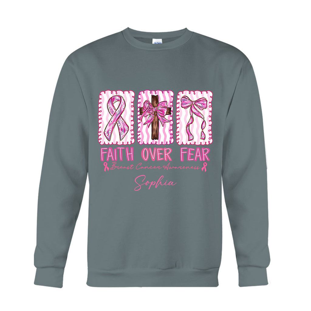 Faith Over Fear Breast Cancer Warrior - Personalized Breast Cancer Awareness T-shirt And Hoodie