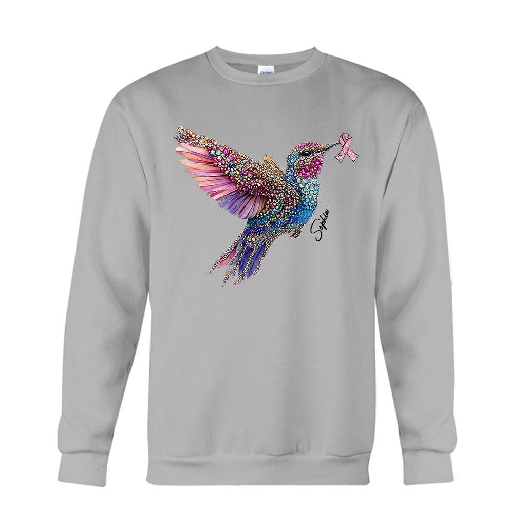 Crystal Hummingbird Pink Ribbon - Personalized Breast Cancer Awareness T-shirt And Hoodie