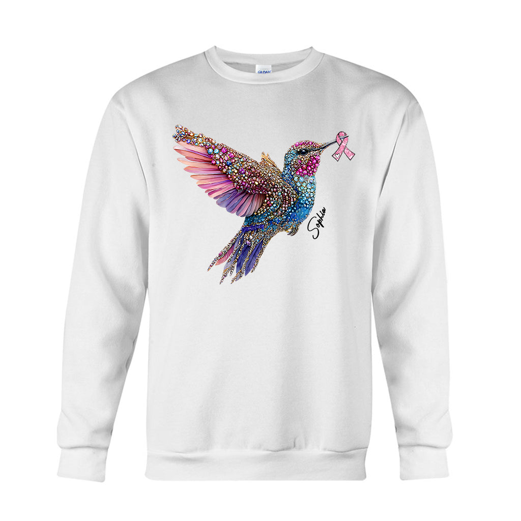Crystal Hummingbird Pink Ribbon - Personalized Breast Cancer Awareness T-shirt And Hoodie