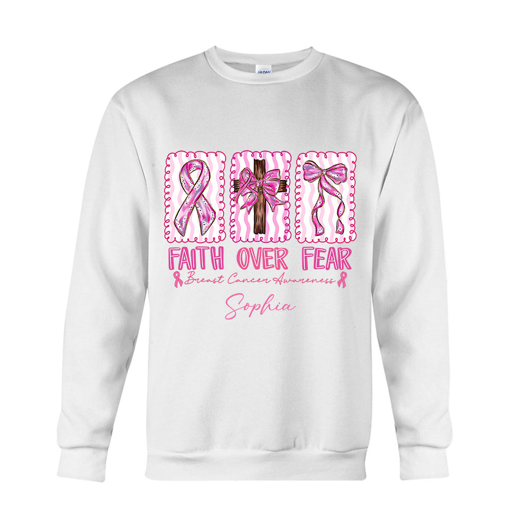 Faith Over Fear Breast Cancer Warrior - Personalized Breast Cancer Awareness T-shirt And Hoodie