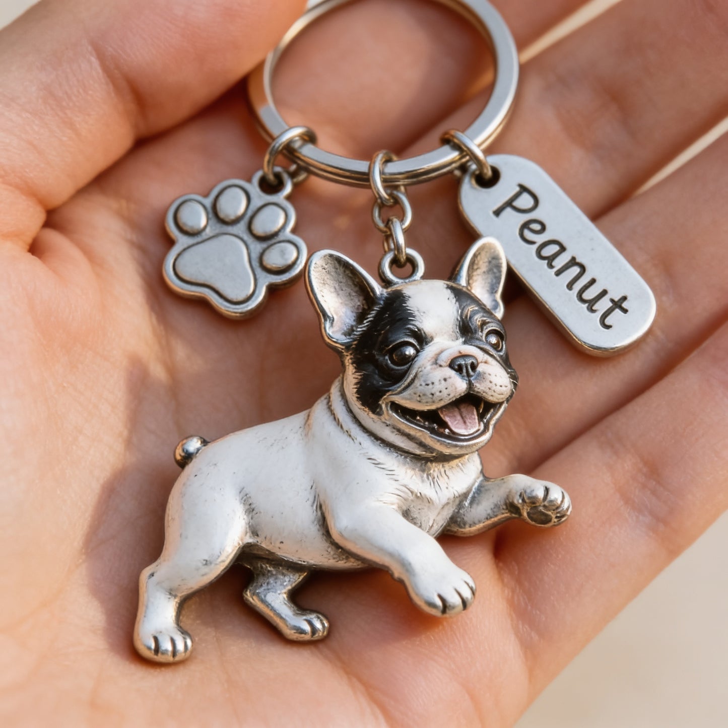 Personalized French Bulldog Dog Keychain with Charm, Custom Name French Bulldog Dog Paw Keyring, Pet Gift