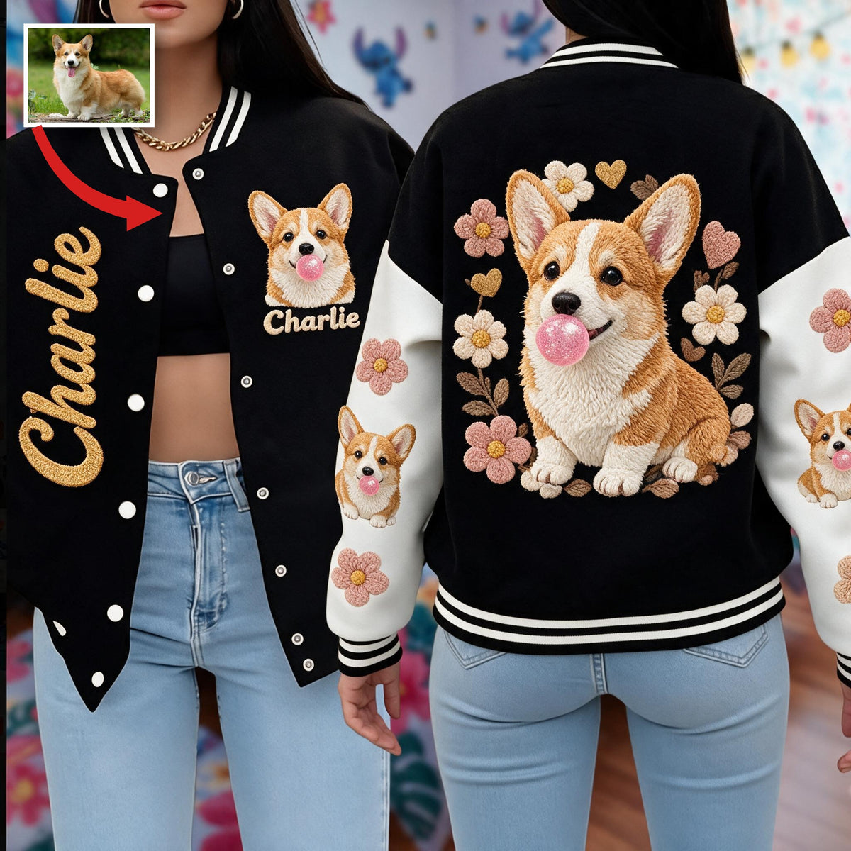 Personalized Tan and White Pembroke Welsh Corgi Varsity Jacket Dog Lover Gift