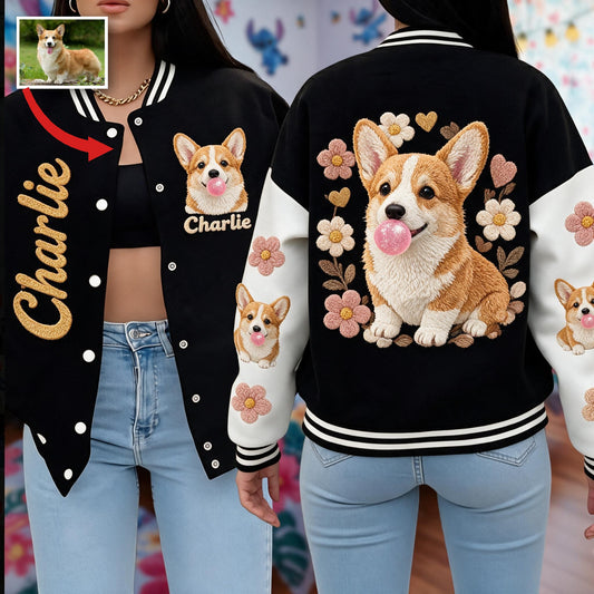 Veste Varsity Personnalisée Corgi Pembroke Beige et Blanc - Cadeau Amoureux des Chiens