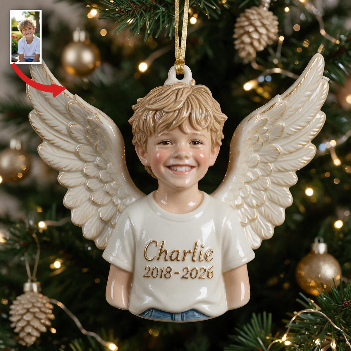 Personalisierte Weihnachtsengel 3D Erinnerungsornament für Jungen