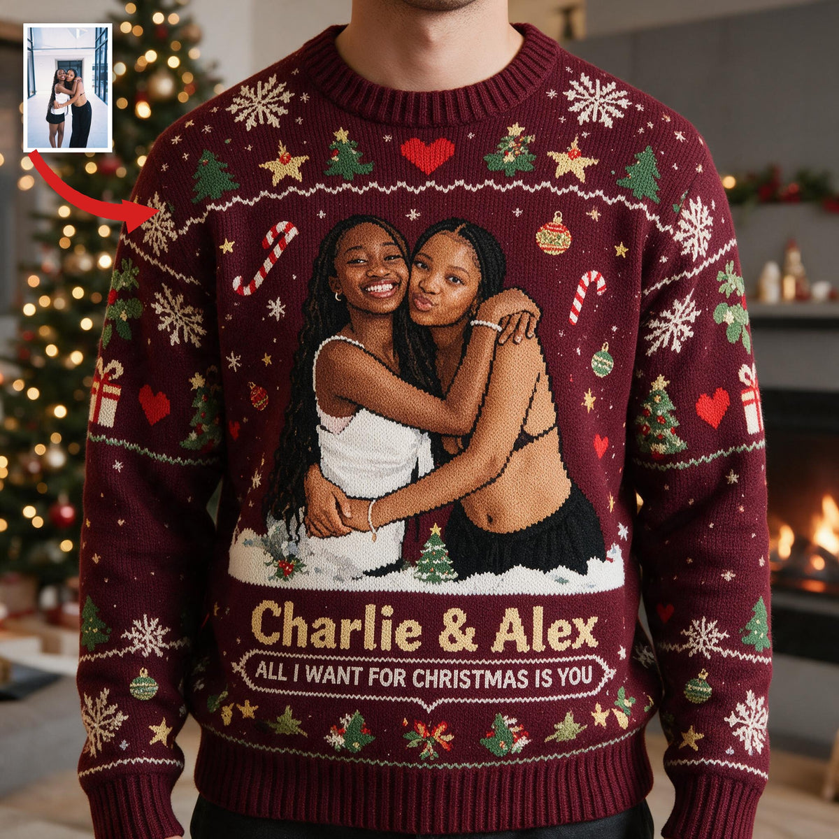 Personalized Christmas Black Lesbian Couple Ugly Sweater LGBT Anniversary Gift