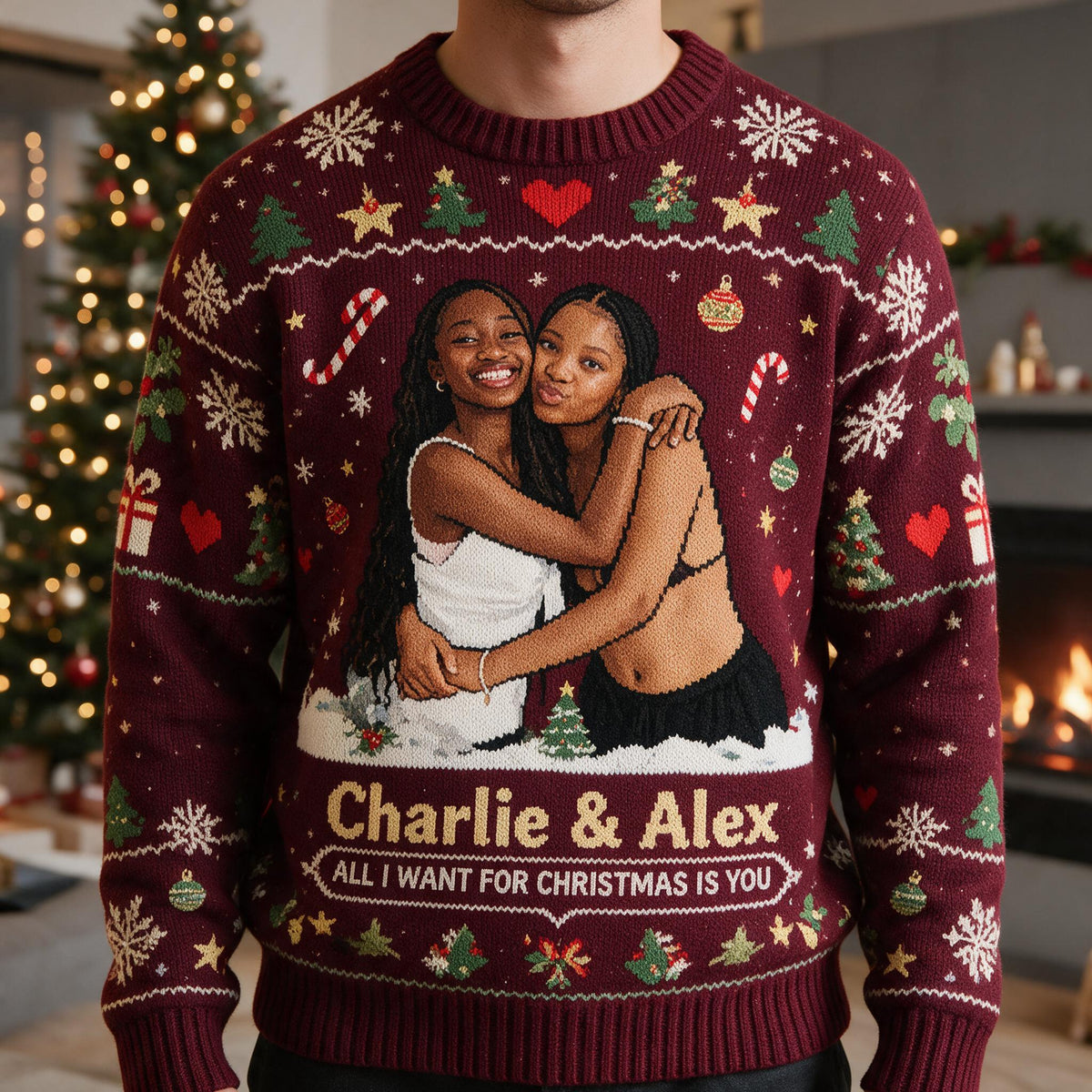 Personalized Christmas Black Lesbian Couple Ugly Sweater LGBT Anniversary Gift