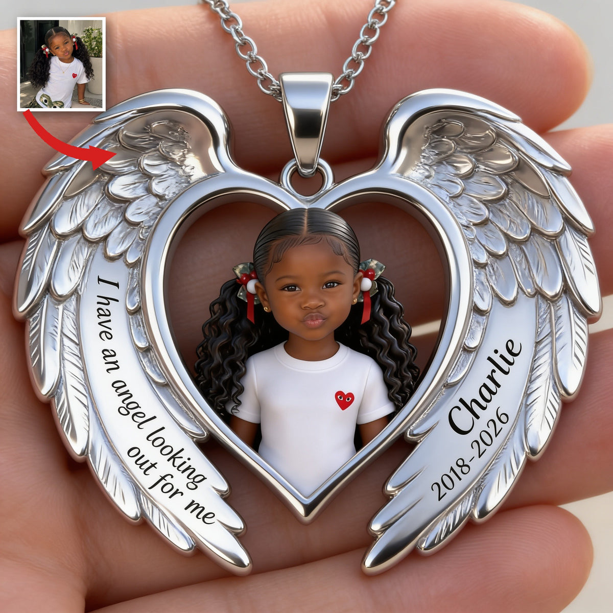 Personalized Black Little Girl Memorial Angel Wing Pendant Necklace Keepsake