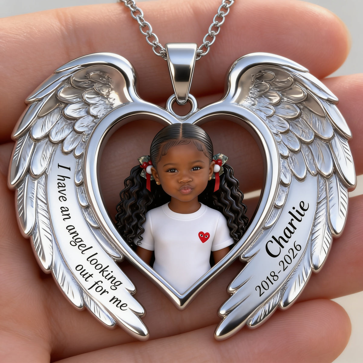 Personalized Black Little Girl Memorial Angel Wing Pendant Necklace Keepsake