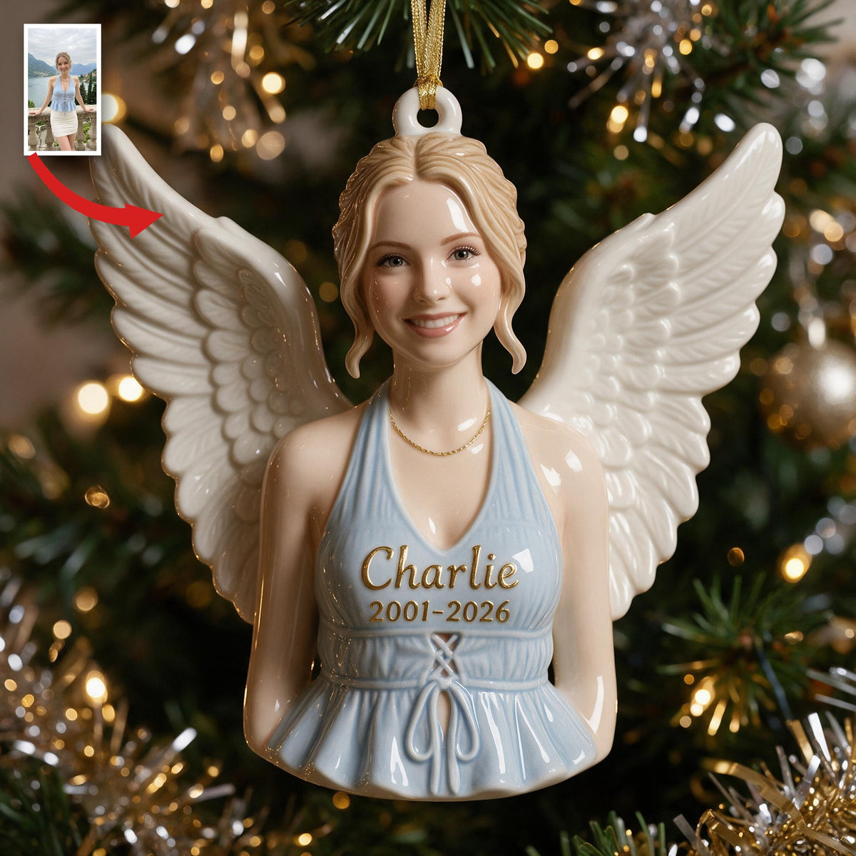 Personalisierte Weihnachtsfrau Engel Gedenk 3D Ornament