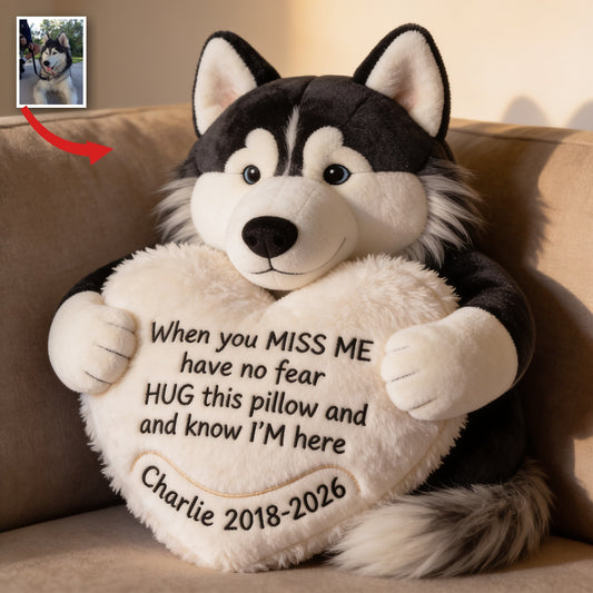 Coussin en fausse fourrure personnalisé en forme de Husky sibérien - Cadeau en mémoire d'un animal de compagnie