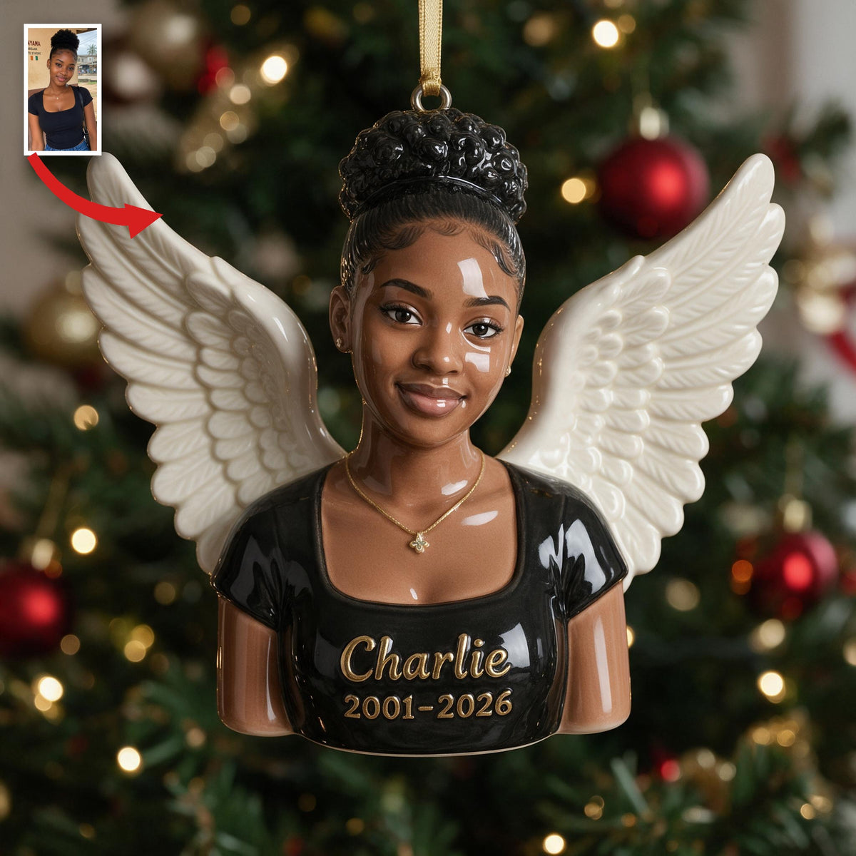 Personalisierte Weihnachtsgedächtnis Schwarze Frau Engel 3D Ornament