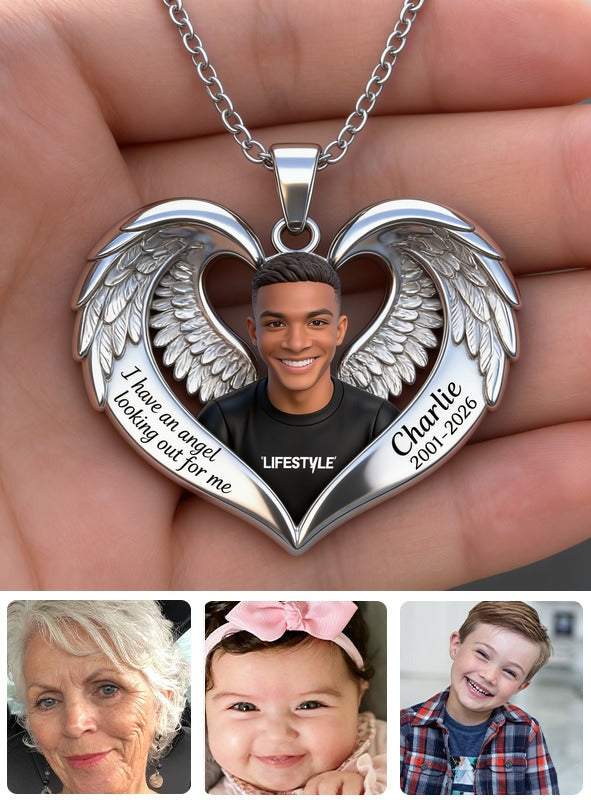 Personalized Memorial Black Man Angel Wing Heart Pendant Necklace Remembrance Gift